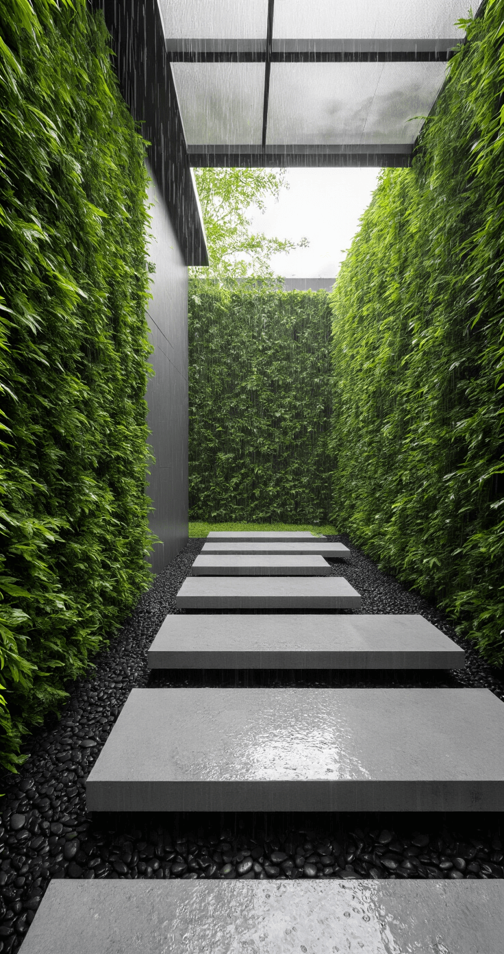 A contemporary linear corridor garden showcasing floating concrete platforms over black pebbles, framed by a vertical green wall. The scene, photographed at noon through rain, features water droplets creating lens effects and is illuminated by natural light filtered through a translucent awning. The color palette includes charcoal, emerald, and silver highlights.