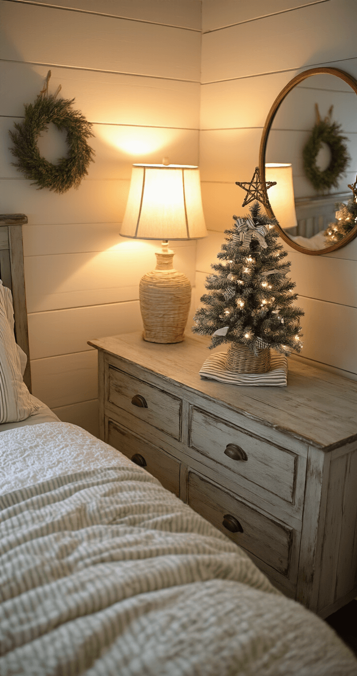 Overhead view of a cozy farmhouse bedroom corner at night, featuring a small Christmas tree on a wooden dresser with white ornaments, ticking stripe bows, and a rattan star topper, all reflected in a round mirror; cream and sage green linens add to the serene ambiance.