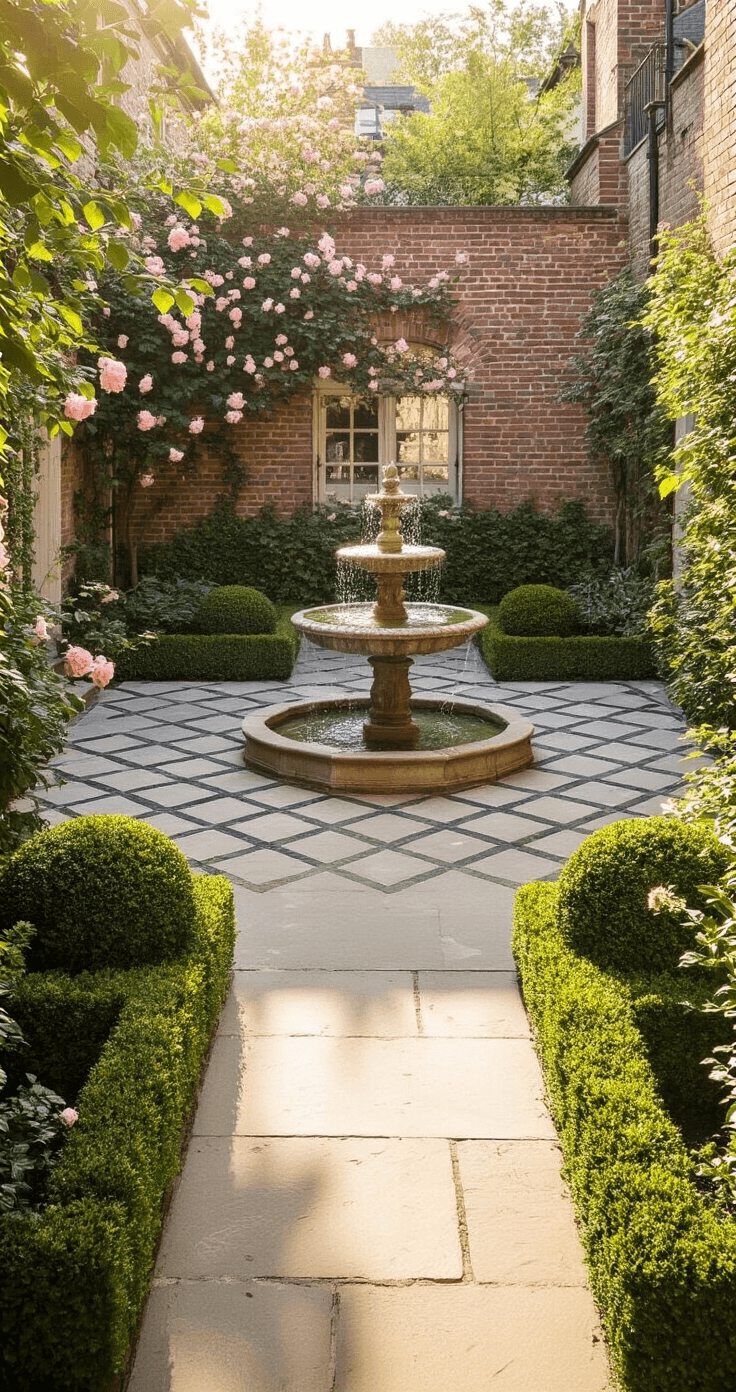 How to Create a Stunning English Courtyard Garden: Your Ultimate Design Guide A serene English courtyard garden featuring weathered brick walls, diamond-patterned York stone pavers, an aged limestone fountain surrounded by spherical boxwood topiaries, and cascading pink 'New Dawn' roses. The scene is bathed in golden afternoon light, highlighting water droplets, with a shallow depth of field.
