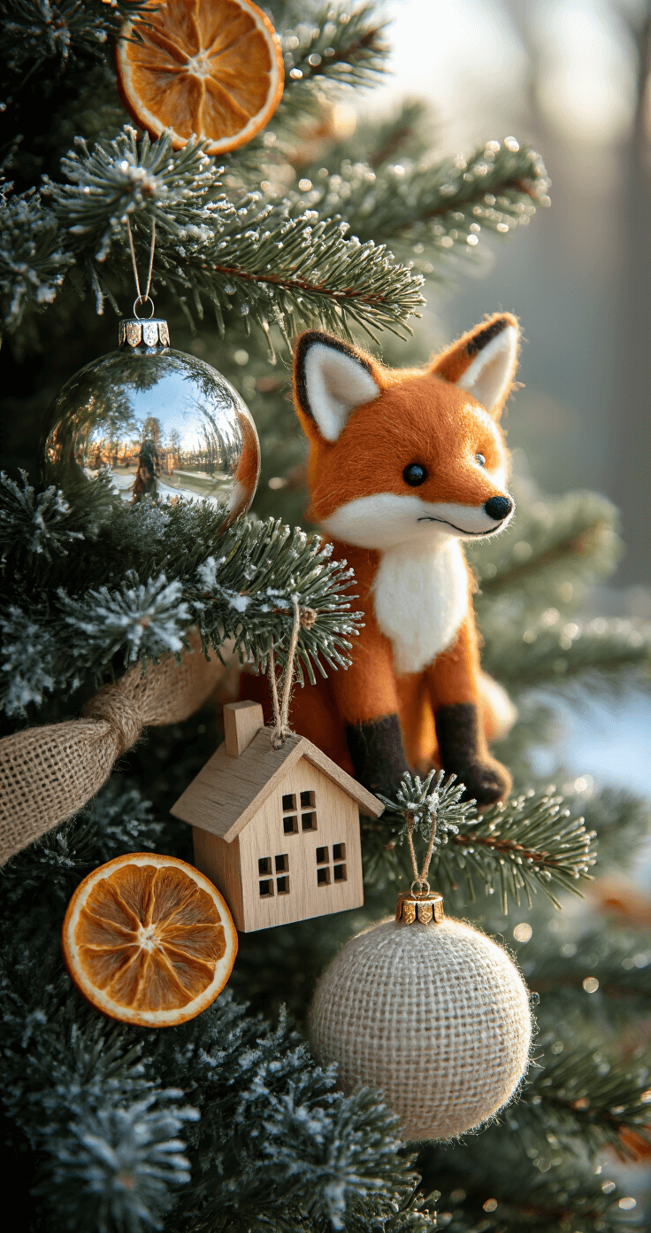 Extreme close-up of a Christmas tree branch adorned with various farmhouse ornaments, including a mercury glass bauble, felt fox, wooden house, and fabric-covered ball, illuminated by crisp morning light. Dried orange slices and burlap ribbon are visible, with crystalline flocking catching the light, creating dramatic shadows and showcasing intricate textures.