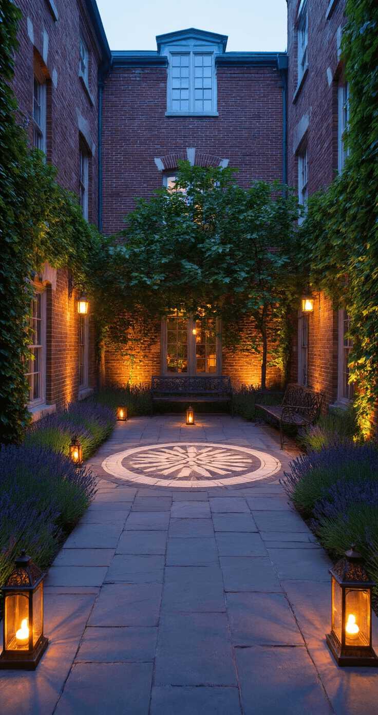 How to Create a Stunning English Courtyard Garden: Your Ultimate Design Guide A cozy 12x12ft walled courtyard at dusk, featuring antique brick walls adorned with Boston ivy, softly illuminated by copper lanterns. A central yorkstone circle pattern extends outward, bordered by fragrant lavender beds. A wrought iron bench sits under an espaliered pear tree against the far wall, with strategic uplighting enhancing the space’s architectural details, creating an intimate, romantic atmosphere with warm ambient light and cool moonlight accents.