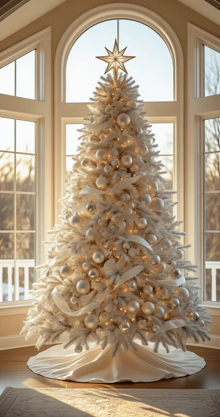 A spacious living room featuring a 9-foot white Christmas tree adorned with glossy, matte, and iridescent baubles, positioned before a bay window. Warm golden sunlight filters through large windows, highlighting silver and gold accents on the tree and a dramatic star topper. The scene is captured at an angle, emphasizing the tree's height and the room's depth.