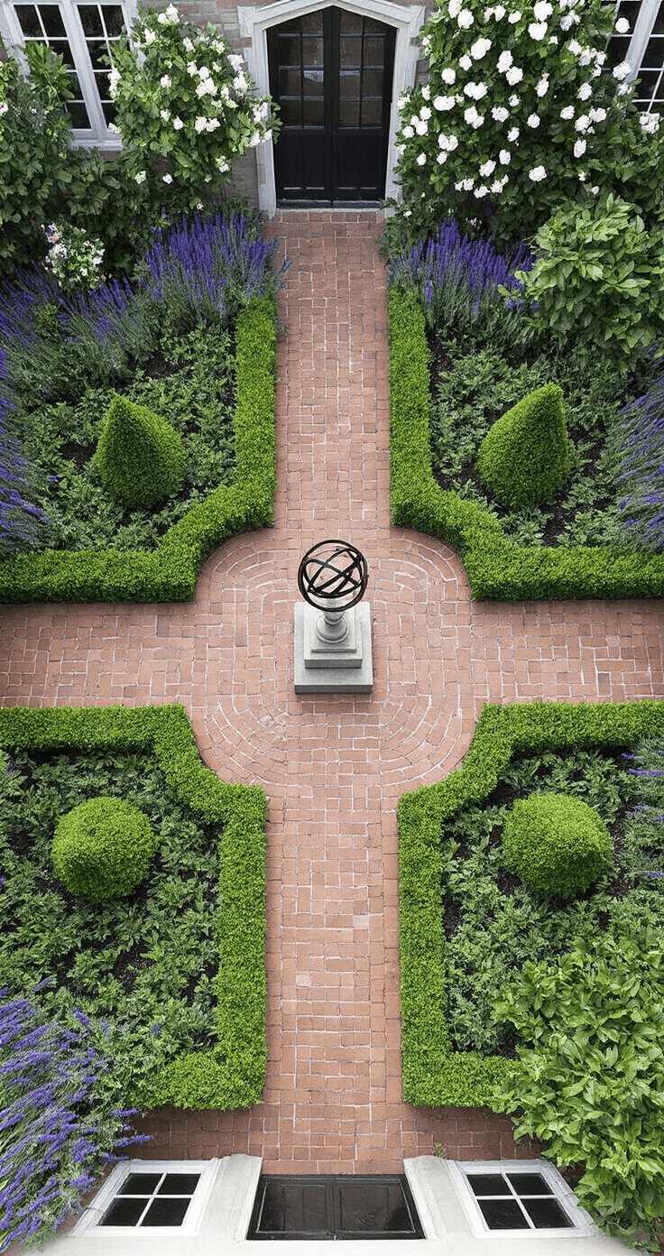 How to Create a Stunning English Courtyard Garden: Your Ultimate Design Guide A bird's eye view of a formal 18x18ft courtyard featuring a cruciform pathway in reclaimed brick, dividing the space into planting beds. At the center is an antique armillary sphere on a stone pedestal, with pyramidal yew topiaries in the corners. White 'Iceberg' roses and purple salvias form structured borders. The image captures geometric patterns and deep shadows in bright, even light.