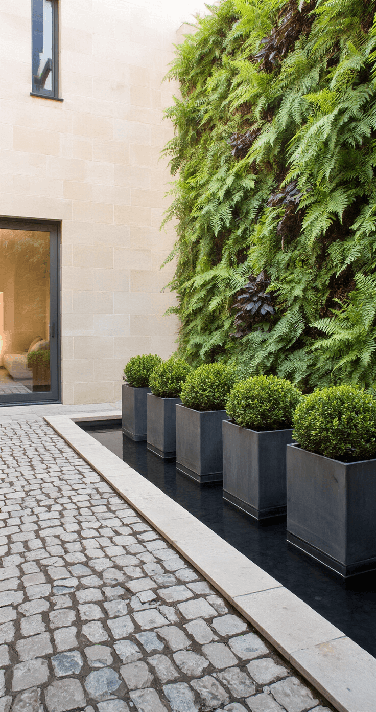 How to Create a Stunning English Courtyard Garden: Your Ultimate Design Guide Eye-level view of a contemporary English courtyard at golden hour, featuring smooth limestone walls, a vertical garden of ferns and heucheras, a black granite water channel, and modern metal containers with cloud-pruned holly, all highlighted by dew-covered cobblestones.