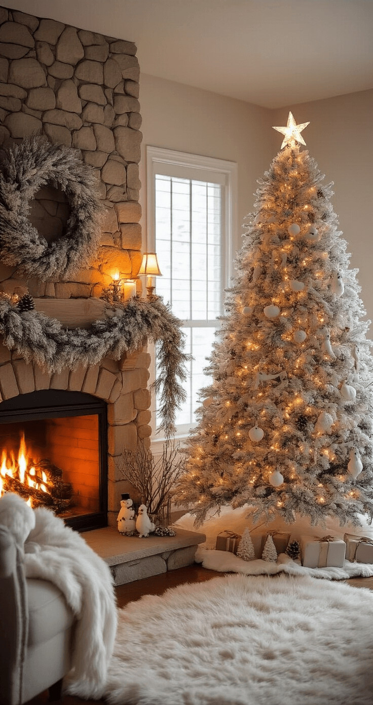 A cozy living room featuring a rustic stone fireplace and a whimsical white Christmas tree adorned with bird ornaments, snowy critters, and faux flowers, all illuminated by warm firelight and soft lamps, creating an enchanting atmosphere.