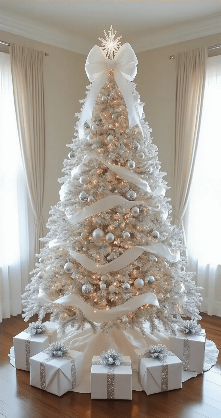 An elegant formal living room features an 8-foot white Christmas tree adorned with mirrored, metallic, and crystal ornaments, draped with pearls and topped with a large white bow. Natural light filters through sheer curtains, illuminating the sophisticated decor of hardwood floors and crown molding. White-wrapped gift boxes with silver bows are placed at the tree's base, enhancing the festive atmosphere.