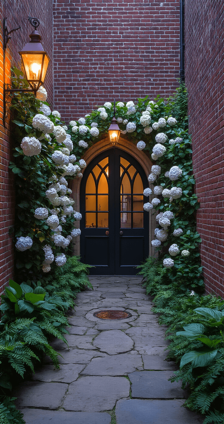 How to Create a Stunning English Courtyard Garden: Your Ultimate Design Guide A corner view of a 16x16ft heritage courtyard at blue hour, featuring Victorian brick walls, a Gothic arched doorway, and a worn flagstone path leading to a vintage zinc fountain, framed by white climbing hydrangeas and hostas. Copper lanterns cast an ambient glow, enhancing the mysterious and romantic atmosphere.