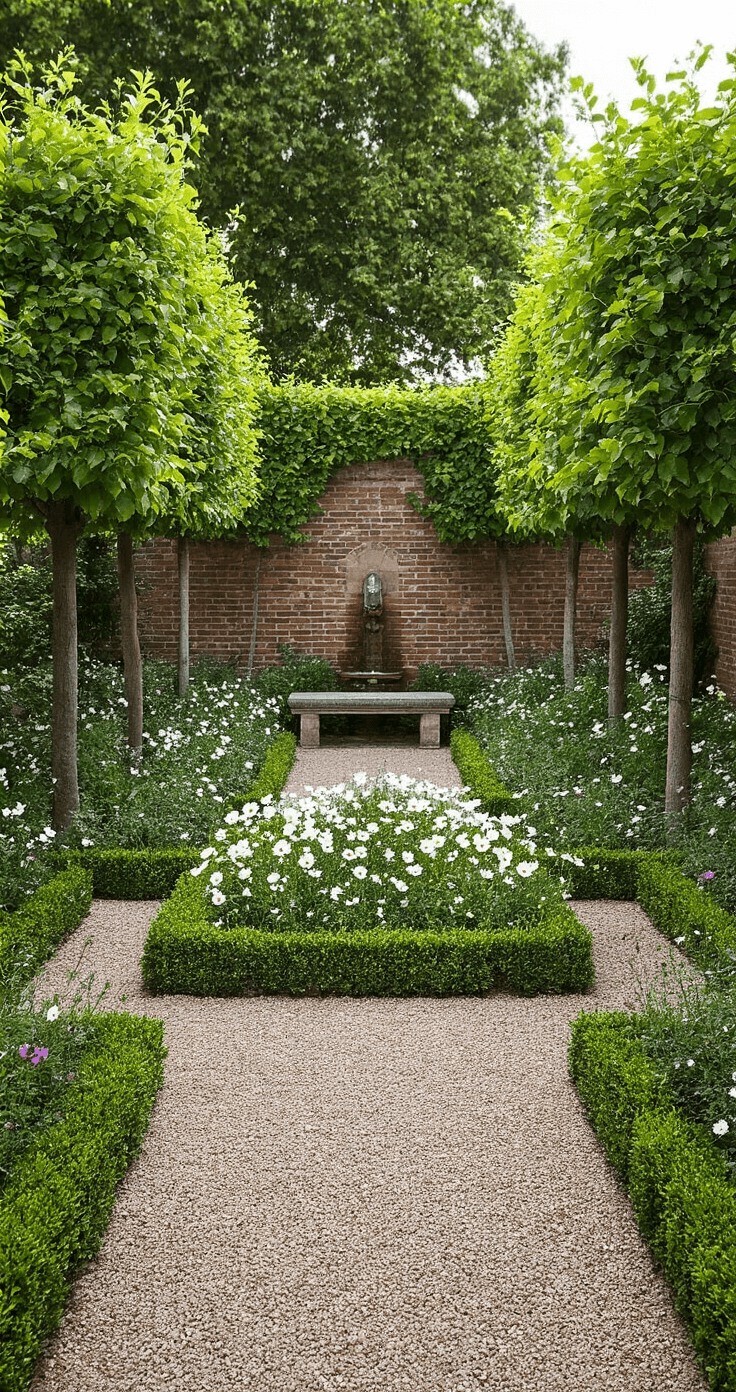 How to Create a Stunning English Courtyard Garden: Your Ultimate Design Guide A formal courtyard featuring pleached lime trees as living walls, central gravel parterre with white cosmos and purple verbena, and an aged stone bench by a wall fountain, shot from a diagonal angle to highlight structured elegance and cottage garden softness.
