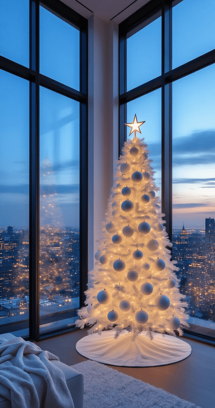 A modern open-concept living area at twilight featuring floor-to-ceiling windows, a sleek white Christmas tree with minimalist decorations, and twinkling city lights in the background, creating an urban and sophisticated ambiance.