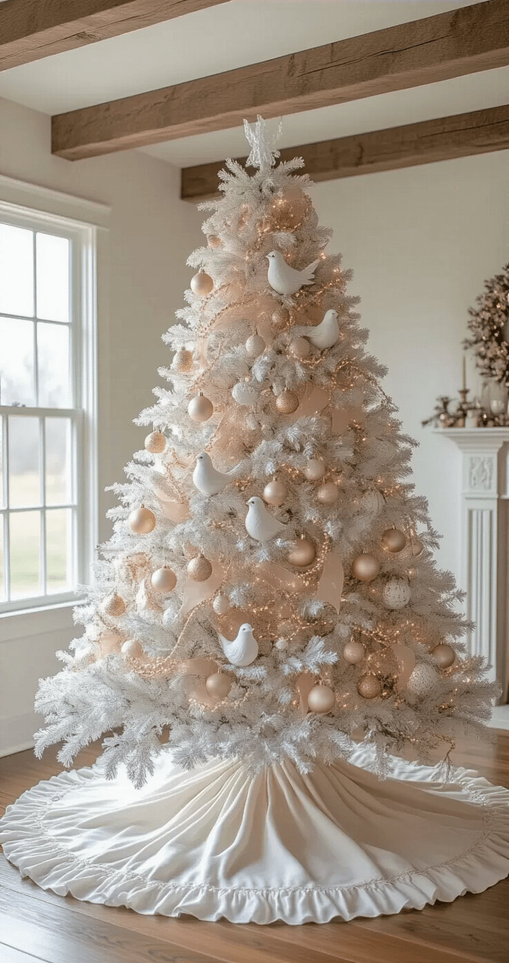 A cozy country-style living room featuring a 7-foot white Christmas tree adorned with blush pink and gold ornaments, vintage bird figurines, and pearl garlands, illuminated by soft morning light and rustic wooden beams.