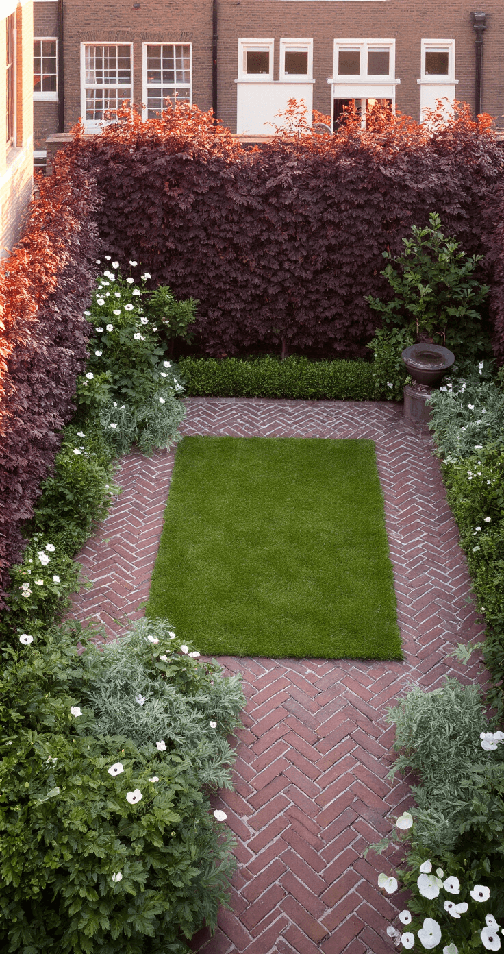 How to Create a Stunning English Courtyard Garden: Your Ultimate Design Guide Ground-level view of a tranquil pocket courtyard at sunset, featuring herringbone brick paths framing a central lawn, bordered by a burgundy copper beech hedge, with white Japanese anemones and silver artemisia, highlighted by a lead cistern fountain emitting gentle water sounds.