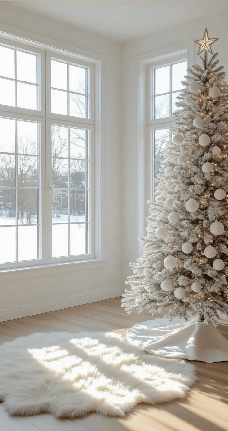A bright Scandinavian-inspired living space with white walls and light wood floors, featuring a minimalist 8-foot white Christmas tree decorated with white geometric ornaments and fairy lights, reflected in an oversized mirror, all set on a round white sheepskin rug.