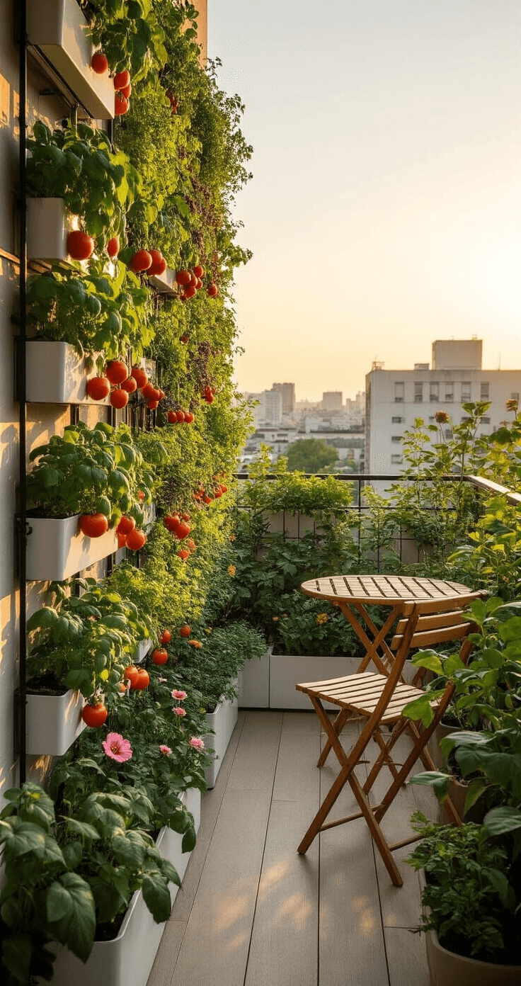 A sunny urban balcony with a vertical garden of cascading herbs and compact tomatoes on the left wall, modern white resin planters with blooming edible flowers on the railing, a folding bamboo bistro set in the corner, and metal trellises supporting climbing plants, all bathed in warm golden hour light and surrounded by a calming color palette of sage green, terracotta, white, and natural wood tones.