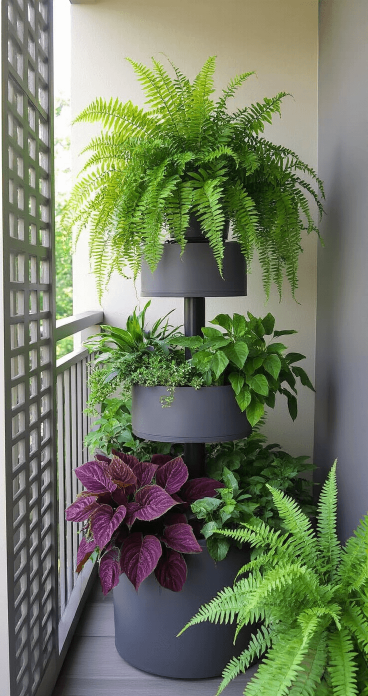 A cozy balcony space featuring a tiered plant stand filled with lush ferns and vibrant coleus in shades of green and burgundy, captured from a low angle. Dappled sunlight filters through a partial shade environment, highlighting contemporary gray composite containers with self-watering systems along the edges. The scene showcases glossy leaves and natural wood elements, complemented by subtle wind protection screens, creating a serene and textured atmosphere.