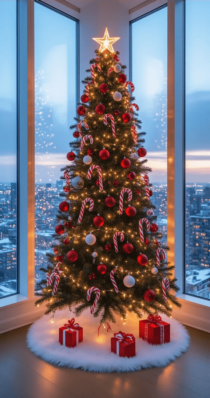 Close-up view of a Christmas tree corner in a modern apartment with white walls and windows showing a snowy cityscape. A 6-foot slim tree adorned in red and white, featuring candy canes, red baubles, and white ornaments, is wrapped in warm LED lights. Oversized foam board candy canes rest at the base, complemented by a white faux fur tree skirt. The image has a slightly low camera angle, highlighting the tree's height against the cool blue tones from outside.