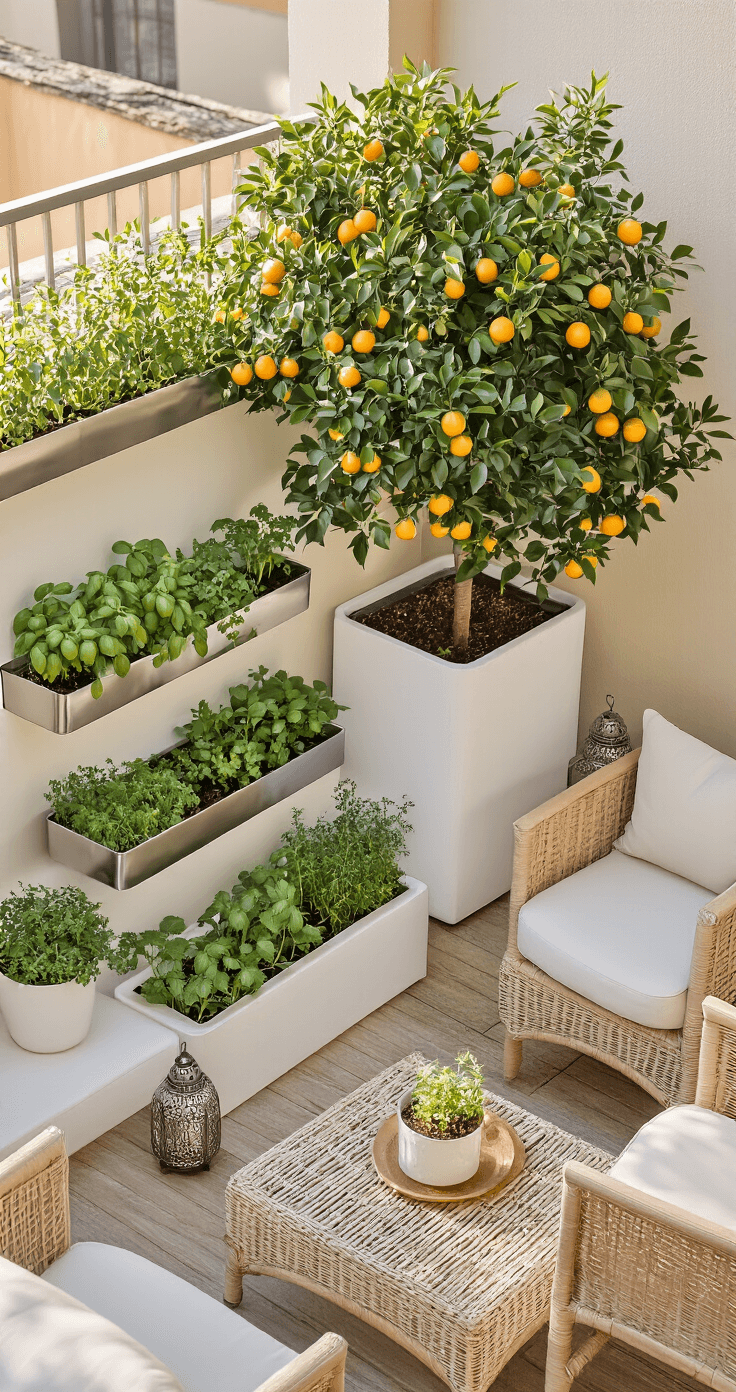 Above view of a corner balcony in the morning, featuring geometric lightweight planters, a dwarf citrus tree in a white container, a wall-mounted herb garden with stainless steel planters, natural rattan furniture with cream cushions, and Moroccan-style lanterns, all illuminated by warm light.