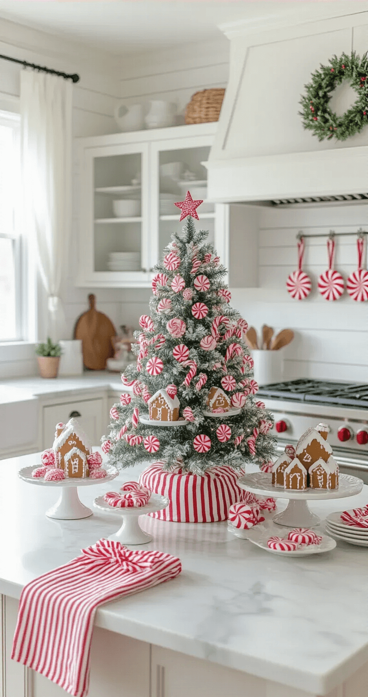 A bright kitchen with white shiplap walls and marble countertops, featuring a festive 4-foot tabletop Christmas tree adorned with candy canes and pink macarons. Surrounding the tree are vintage milk glass cake stands with gingerbread houses and peppermint bark, while oversized candy cane decals decorate the backsplash. Red and white striped dish towels hang from the oven, capturing a cheerful holiday atmosphere.