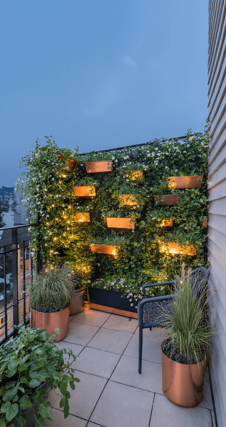 A narrow balcony at twilight features a vertical privacy screen adorned with climbing jasmine, surrounded by warm white LED string lights. It showcases a multi-level container garden with self-watering hanging baskets, compact charcoal gray metal furniture, and copper planters filled with ornamental grasses, creating a cozy and inviting atmosphere.
