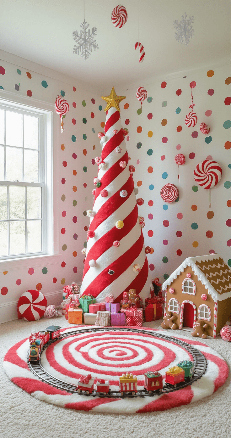 A whimsical children's playroom filled with colorful polka dot wallpaper, a plush peppermint swirl carpet, and bright morning light. A towering 5-foot candy cane tree adorned with lollipops and gummy bears stands in one corner, while a train set circles its base. Oversized plush candy decor and a child-sized gingerbread playhouse complete the magical scene, with hanging paper snowflakes and candy cane cutouts from the ceiling.