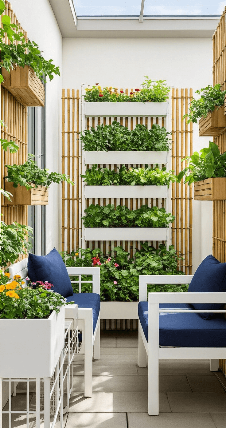 A morning-lit balcony featuring a vertical greenhouse system with adjustable shelving, a mixed container garden of edible flowers and compact vegetables, bamboo privacy screens with planter boxes, and modern white metal furniture with navy cushions, showcasing a productive and vibrant use of vertical space.