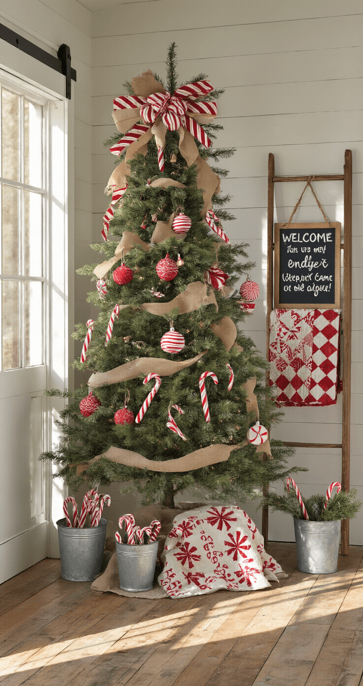 A rustic farmhouse entryway featuring weathered wooden floors, a sliding barn door, and a 7-foot flocked Christmas tree adorned with oversized red and white striped ornaments. Sunlight casts long shadows, while galvanized buckets hold candy canes and pine branches. A cozy quilted candy cane blanket drapes over a ladder, vintage striped ice skates hang nearby, and a chalkboard sign adds a peppermint-themed welcome.