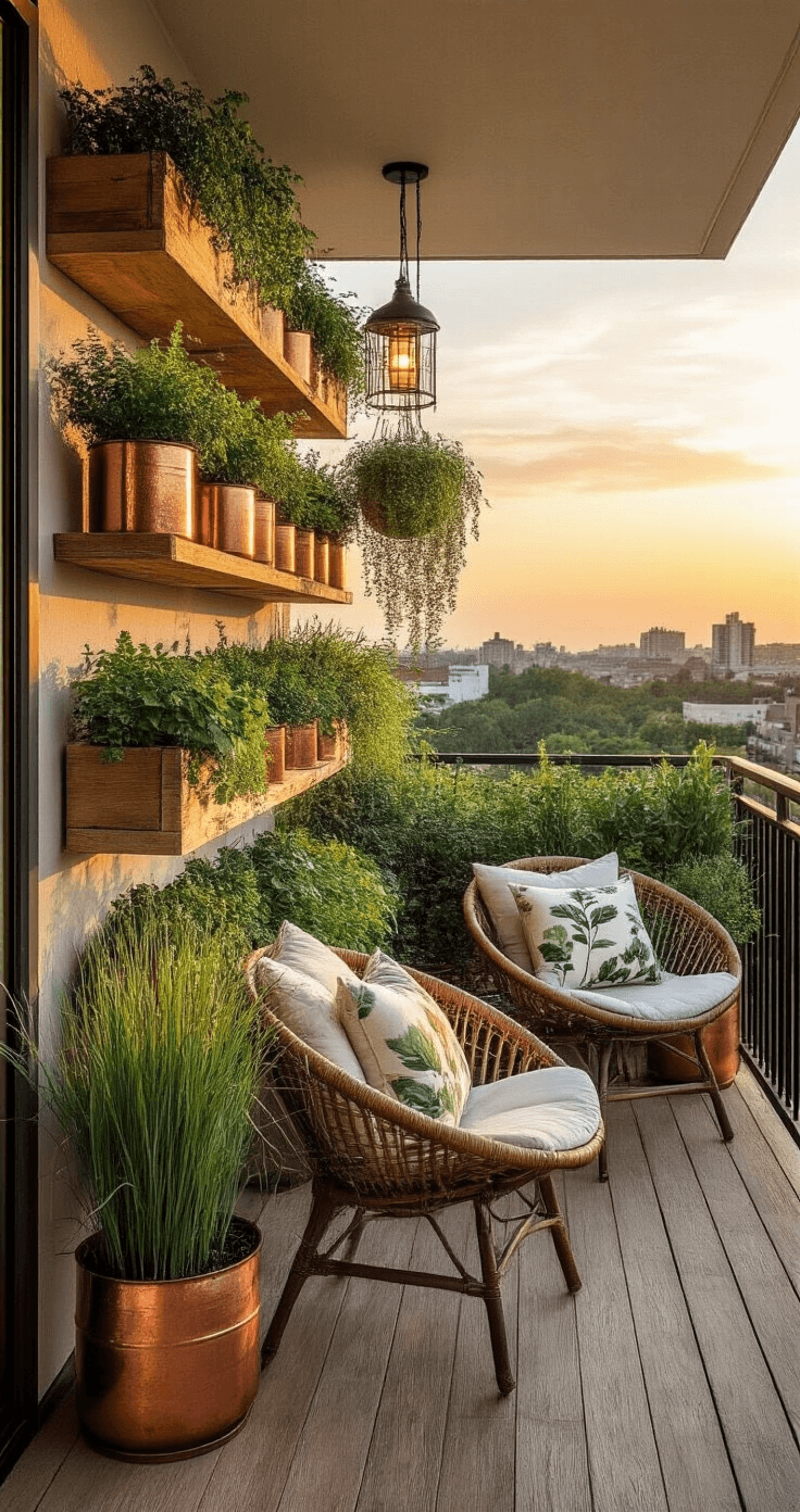 A beautifully designed balcony at sunset featuring tiered wooden plant stands with copper containers, ornamental grasses, a rattan egg chair with botanical print cushions, and a hanging mason jar herb garden, all illuminated by warm solar-powered lanterns, showcasing hues of copper, warm wood tones, sage green, and cream.
