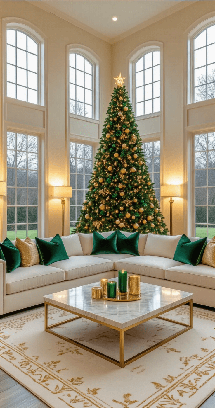 A spacious living room with high ceilings, featuring a large emerald green Christmas tree decorated with gold ornaments, amidst warm ambient lighting from floor lamps, a cream sectional sofa with decorative pillows, and a marble coffee table, all set against soft cream walls.