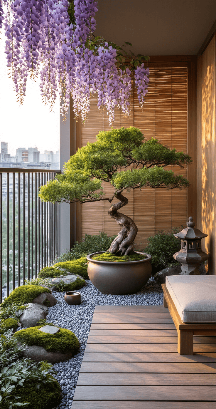 Intimate urban balcony featuring a minimalist Japanese garden at golden hour; a gnarled dwarf Japanese maple in an aged ceramic pot is the focal point, surrounded by trailing wisteria, a stone lantern, moss-covered rocks, and fine gravel patterns, all softly illuminated through a bamboo privacy screen, with weathered teak and sage green elements.