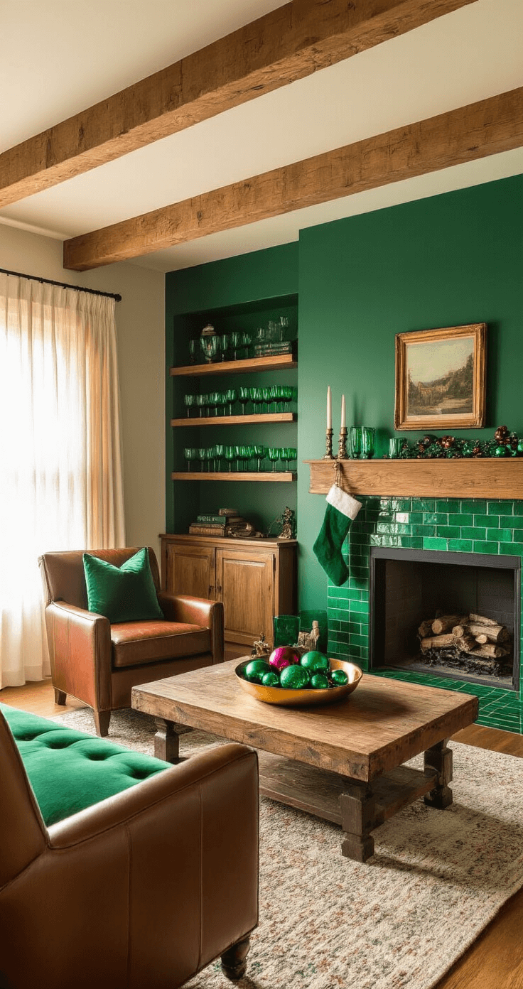 Cozy den featuring exposed wooden beams, golden hour light, emerald green accent wall with vintage glassware, brown leather armchair with emerald velvet ottoman, rustic coffee table with emerald and burgundy baubles, and a fireplace with emerald tile surround and green stockings, all creating a warm holiday ambiance.
