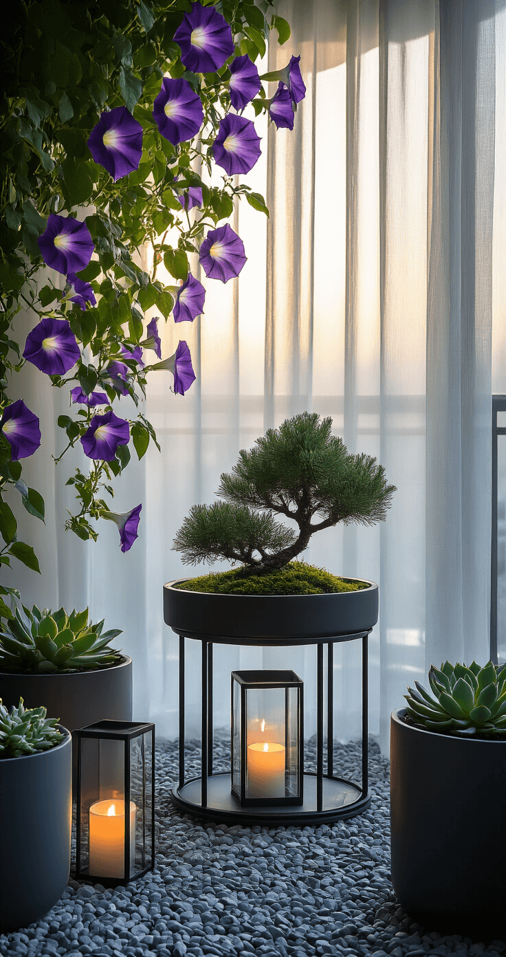 A serene early morning balcony scene featuring purple morning glories cascading through sheer curtains, a black metal bonsai stand with a lit juniper tree, light grey gravel contrasting dark slate tiles, modern metal lanterns with LED candles, and charcoal planters housing sculptural succulents, all enveloped in a misty, ethereal atmosphere.