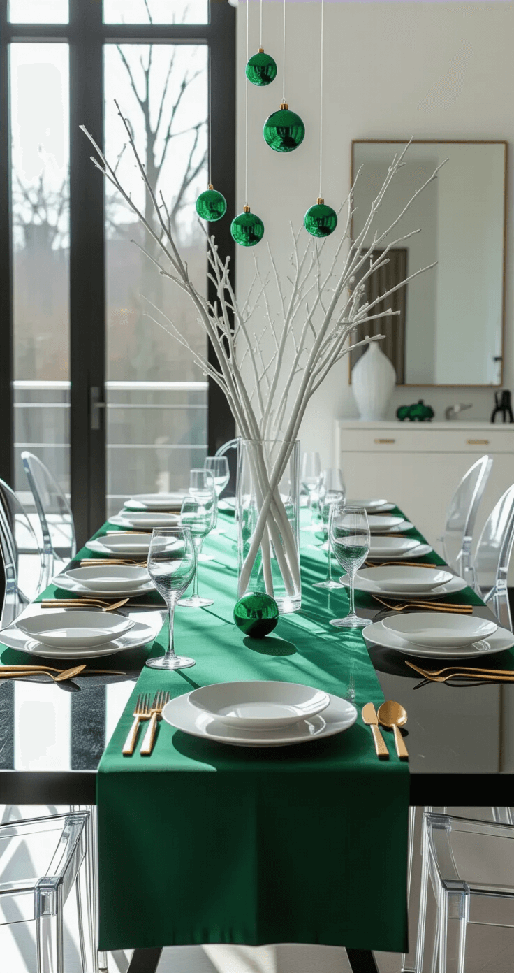 A modern dining room featuring a long black table set with emerald green placemats and gold cutlery, illuminated by bright natural light from floor-to-ceiling windows. The table is adorned with tall glass vases of white branches and emerald ornaments, surrounded by transparent ghost chairs and a minimalist white sideboard with a large mirror.