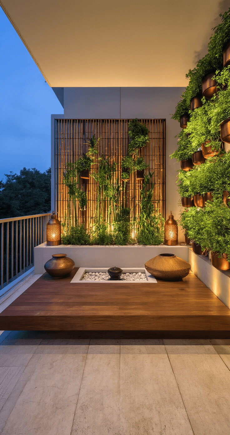 A serene balcony at dusk, featuring a floating wood dining nook surrounded by copper lanterns casting warm patterns on textured privacy screens. A vertical herb garden in modernist containers serves as a feature wall, while a small meditation fountain adds soothing water sounds. Uplighting accentuates architectural bamboo against a palette of copper, deep bamboo green, warm woods, and white stones, with various textures including smooth river rocks and rough pottery.