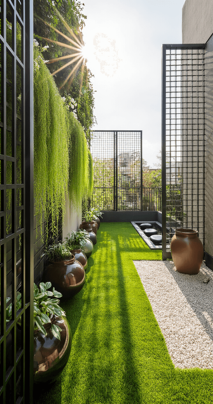 A serene L-shaped balcony bathed in mid-afternoon sunlight, featuring vibrant glazed containers with cascading Japanese forest grass, bordered by pale gravel paths and lush artificial grass. Modern metal grid screens support climbing jasmine, and a portable water feature with smooth black stones enhances the tranquil ambiance. Zen rake patterns in the gravel create dramatic shadows, with a color palette of greens, glossy blacks, warm terracotta, and white blooms.