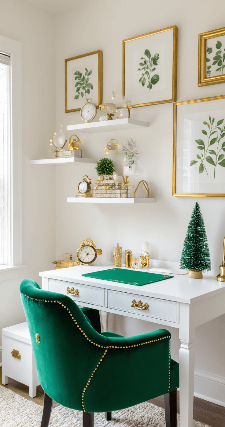 A cozy 10x12 ft home office nook bathed in bright indirect light, featuring a white desk with gold hardware, an emerald green blotter, and gold desk accessories. An emerald velvet office chair complements the space, which includes a gallery wall of gold-framed botanical prints, a small emerald Christmas tree adorned with gold ornaments and fairy lights, and floating shelves with white and gold accents, all captured from desk level to emphasize the vibrant emerald and gold color scheme.