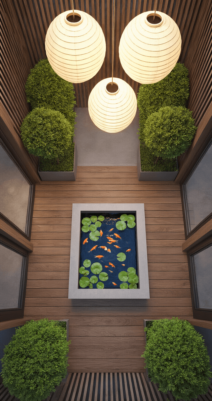 A twilight balcony scene viewed from a 45-degree angle, showcasing a wooden platform blending into concrete planters adorned with illuminated paper lanterns. The central feature is a custom pond with miniature water lilies and tiny goldfish, framed by sculptural cloud-pruned shrubs. The color palette includes warm woods, cool greys, deep water blues, and bright green accents, with moonlight reflecting on the rippling water surface.