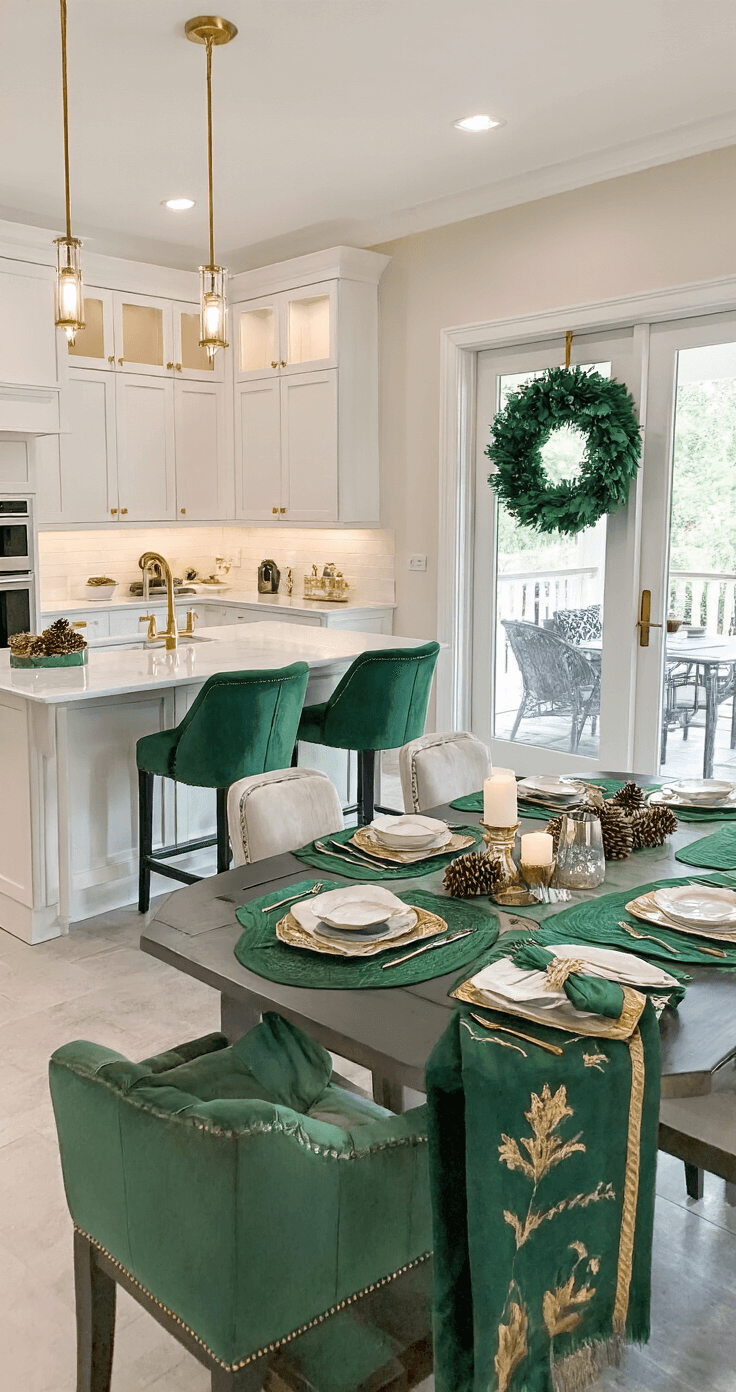 A luxurious open concept kitchen and dining area featuring white shaker cabinets with gold hardware, an emerald green island, and evening lighting that creates a warm glow. The dining table is elegantly set with emerald placemats, gold chargers, and white china, complemented by an emerald and gold table runner. A large emerald wreath adorns the sliding glass door, and the scene captures the sophisticated ambiance of the space from the corner angle.