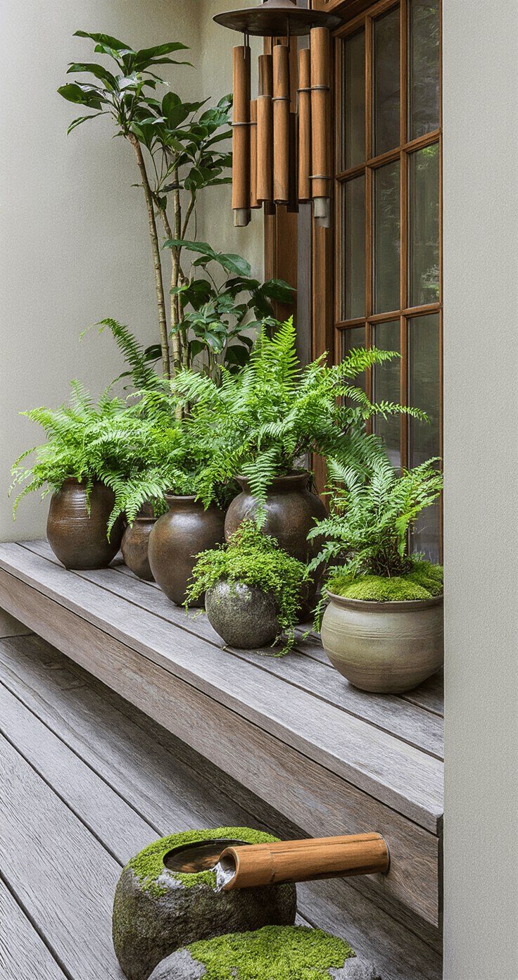 A serene morning balcony with a raised wooden deck featuring integrated bench seating, adorned with vintage ceramic pots of ferns and moss. Antique bronze wind chimes glisten in the early light, while a bamboo water spout gently creates a soothing sound. The color palette includes aged bronze, forest greens, silvery moss, and weathered wood, highlighting the contrasting textures of smooth pottery and rough stone.