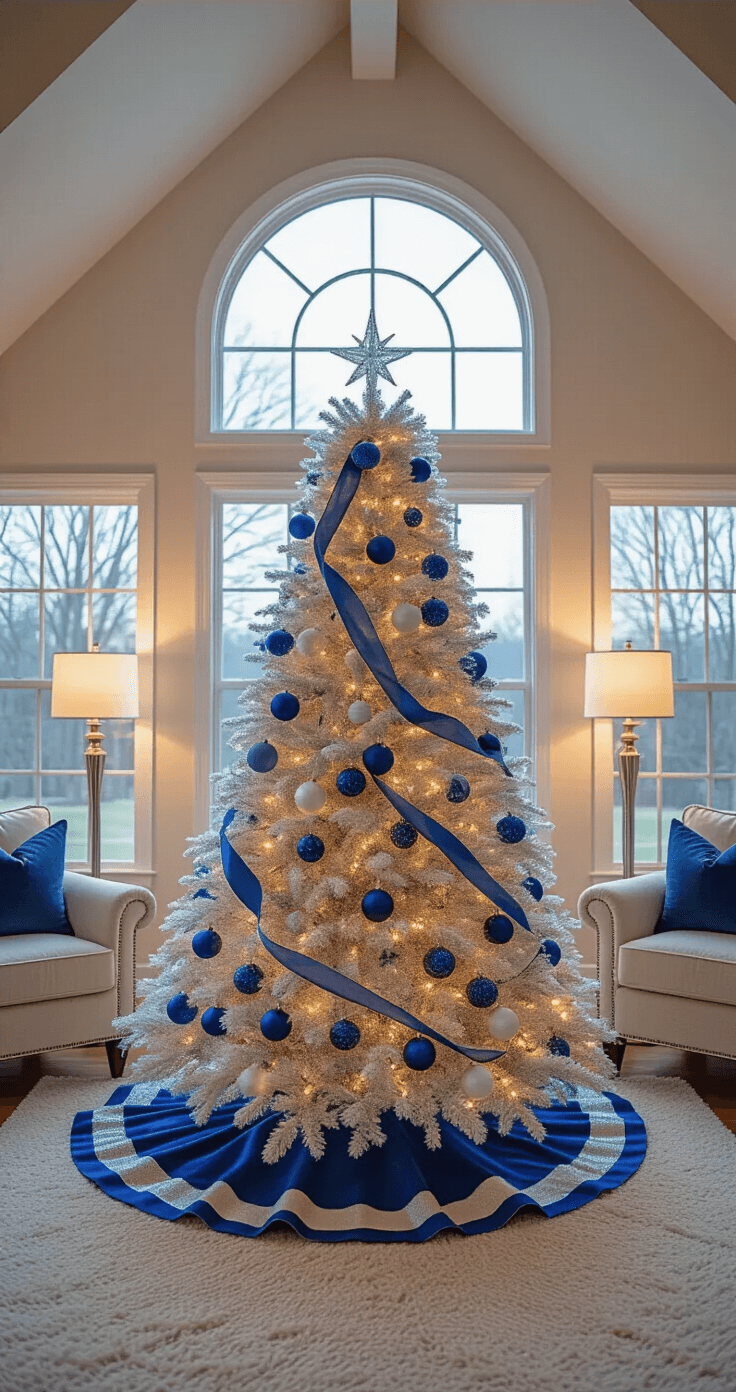 A cozy living room with a vaulted ceiling features a large bay window and a 7-foot frosted white Christmas tree adorned with blue and silver ornaments, illuminated by warm lamp light during early evening.