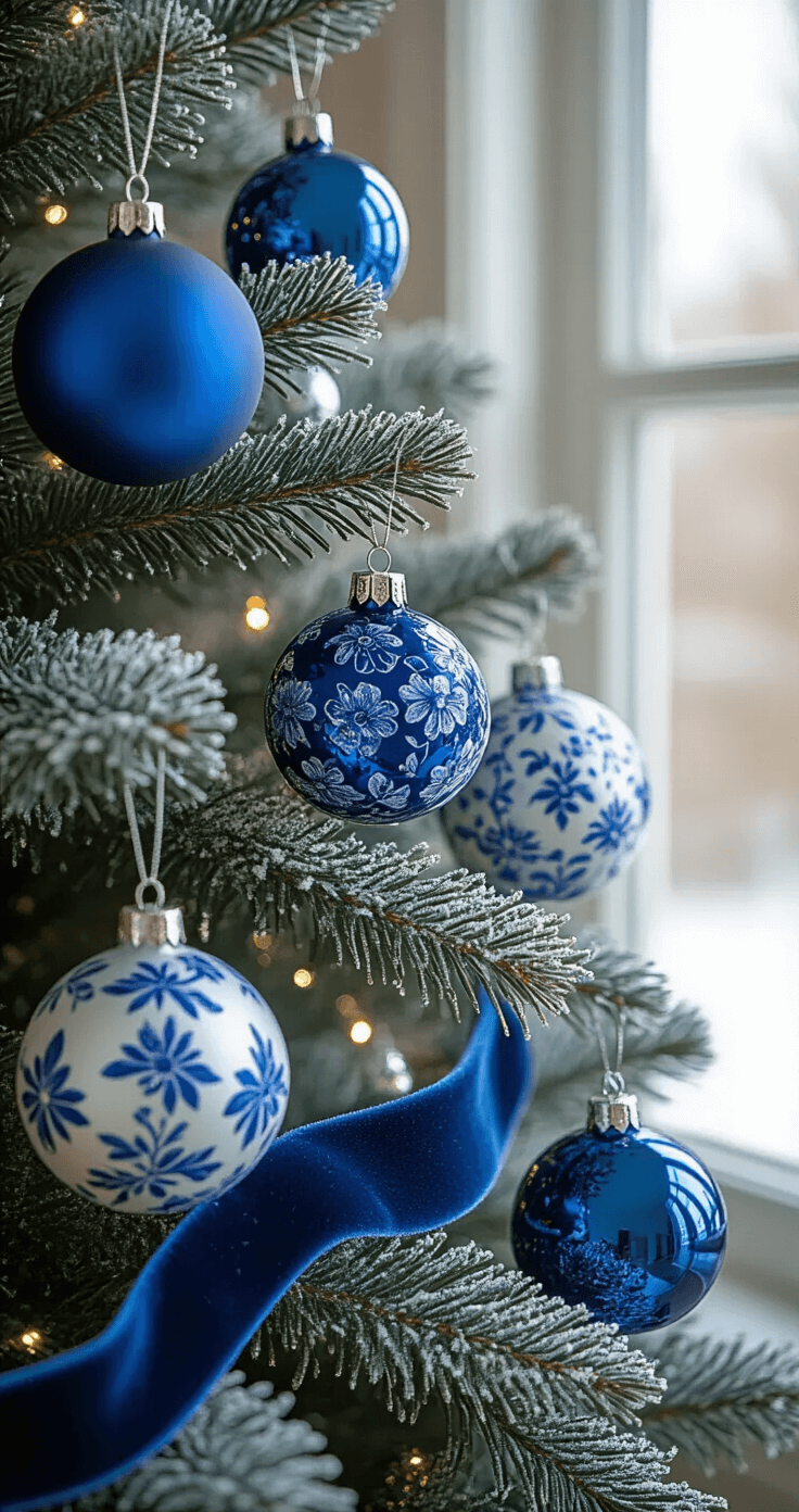 Close-up of Christmas tree branches adorned with large cobalt blue ornaments, medium powder blue teardrops, and small silver spheres, illuminated by daylight. Specialty chinoiserie patterned balls and glass icicles are visible, with a velvet blue ribbon weaving between them. The tight, low angle highlights the layers of ornaments and the texture of the flocked white branches, emphasizing the contrast of dark and light blues.