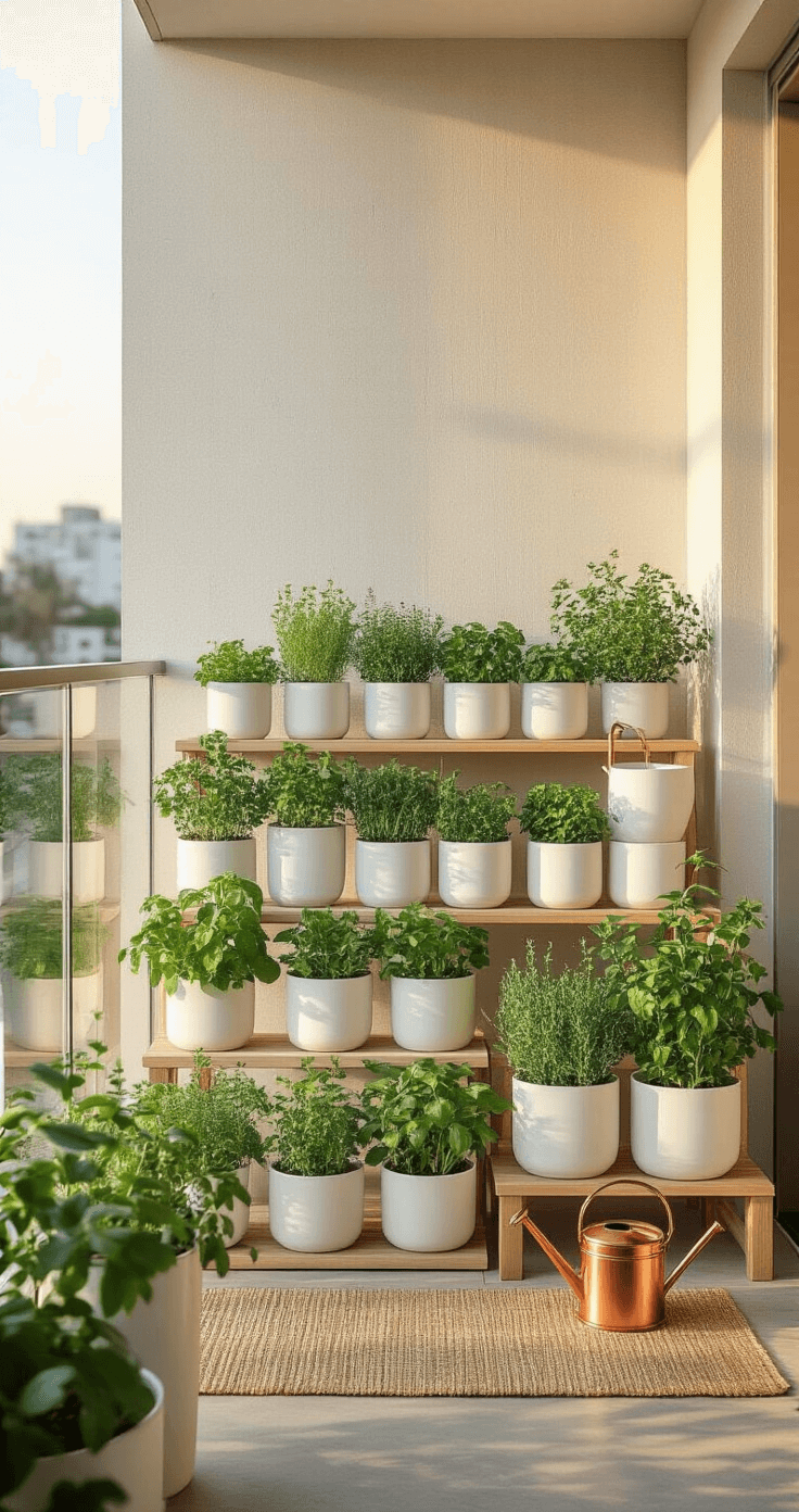 A sun-drenched urban balcony featuring a modern minimalist setup with twelve matte white ceramic planters of herbs, a tiered wooden stand, a copper watering can, and gardening tools arranged on a jute runner, all captured at golden hour with soft shadows and a light concrete wall.