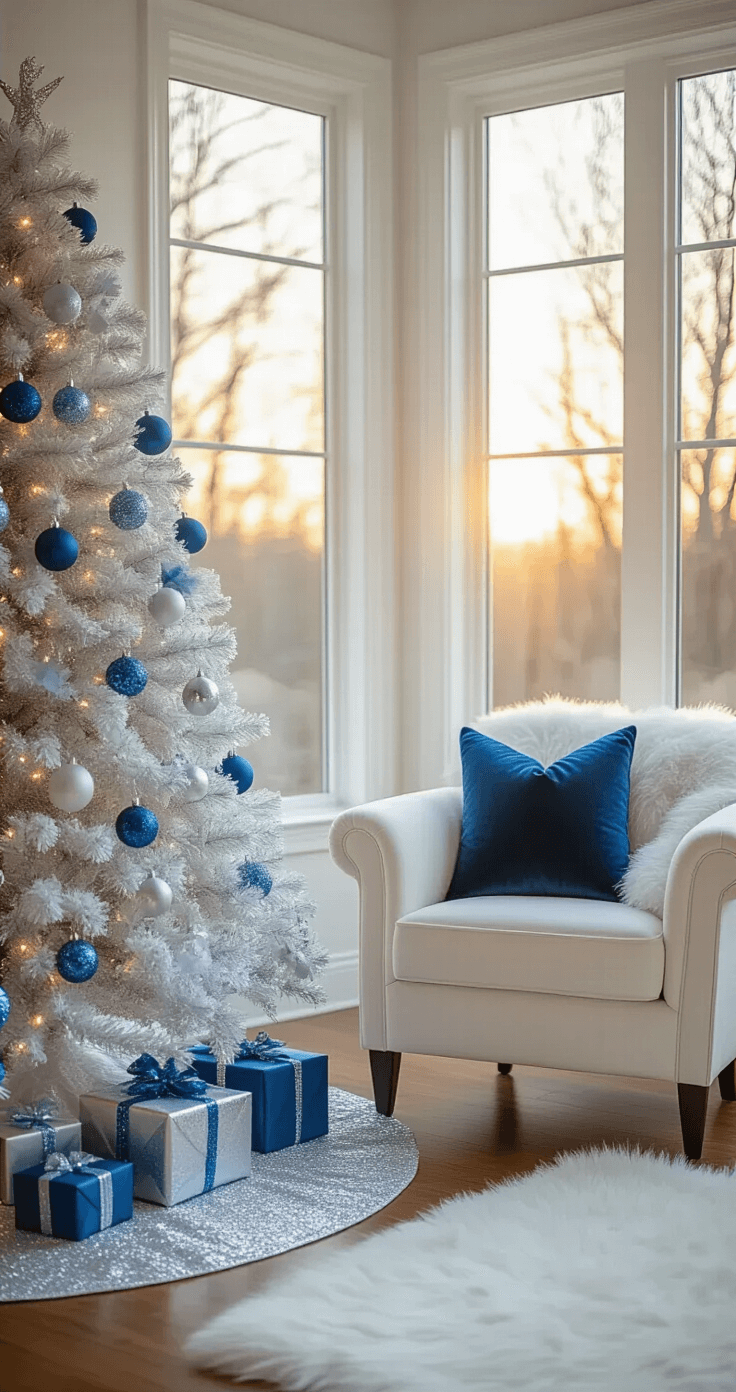 Cozy living room corner with floor-to-ceiling windows, showcasing a white flocked Christmas tree adorned with blue and silver decorations, a plush white armchair with a blue velvet pillow, and wrapped gifts under the tree, all bathed in warm golden hour light.
