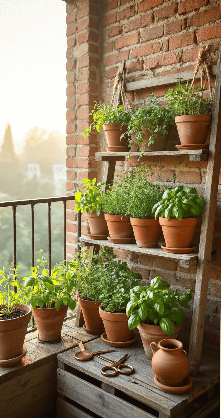 Intimate morning balcony scene with weathered terracotta pots of lush herbs on vintage wooden crates, dew drops glistening on basil and mint, reclaimed ladder shelf against exposed brick wall displaying trailing herbs, natural rope hangers, antique copper scissors beside a hand-thrown clay pot, warm morning light filtering through the mist.