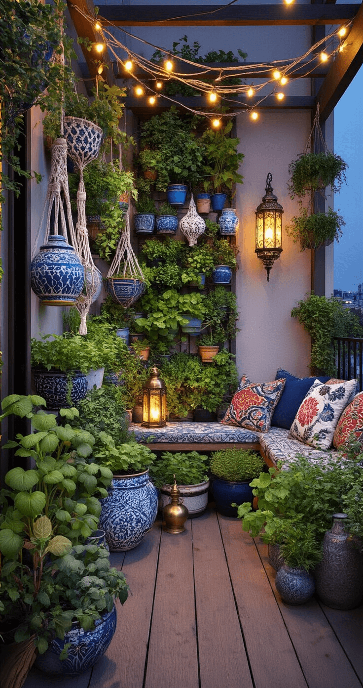 A bohemian balcony garden at twilight, featuring an eclectic mix of painted ceramic, macramé-wrapped, and concrete planters with herbs. String lights overhead create a magical ambiance, complemented by Moroccan lanterns nestled among the herbs. An elevated view showcases layered textile cushions on a built-in bench, with rich jewel-toned planters contrasting against silver-green foliage and a vintage brass mister adding a decorative touch.