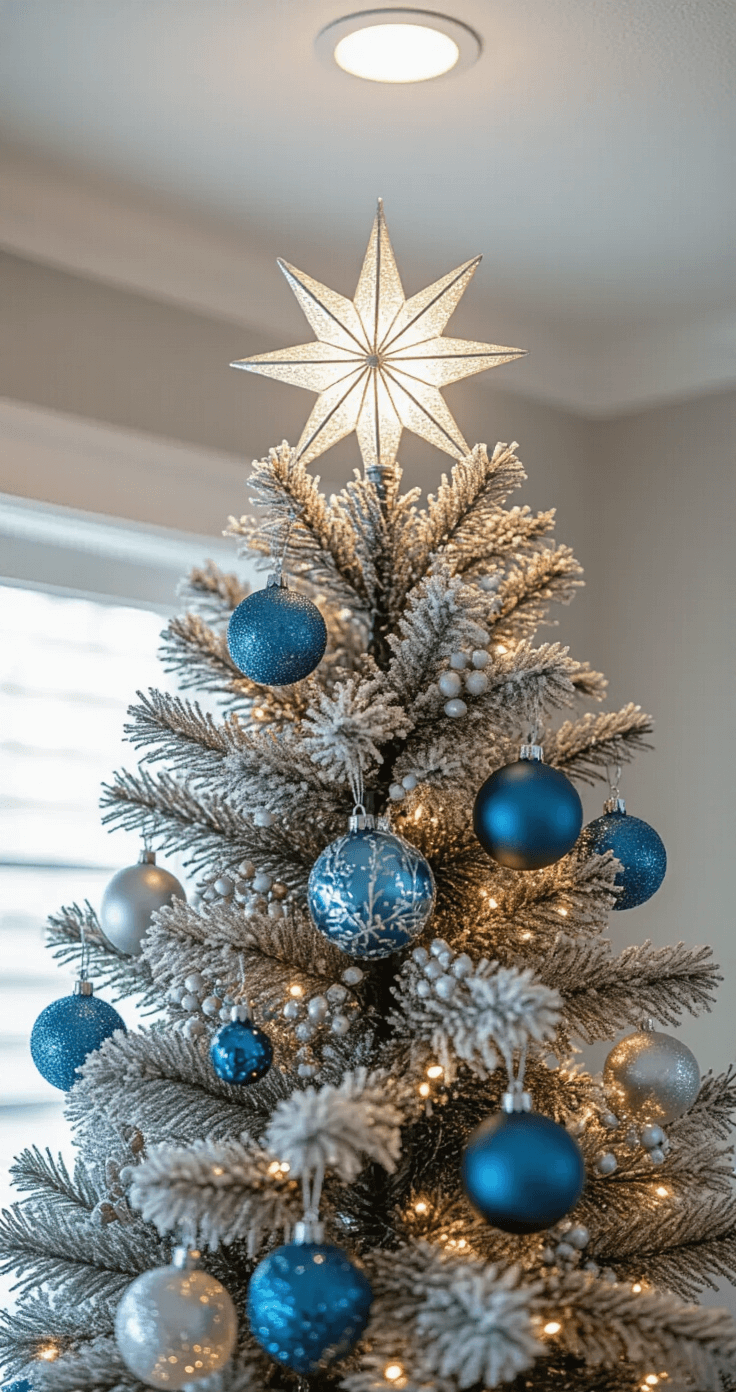Close-up of a Christmas tree topper featuring an elegant silver star, illuminated by a ceiling spotlight. The tree's upper branches are adorned with metallic blue and silver ornaments, including delicate glass pieces, frosted branches, and faux snowy berries, all accentuated by thin strands of silver tinsel. The image captures sharp details of the topper and nearby ornaments, with a gradual blur towards the edges.