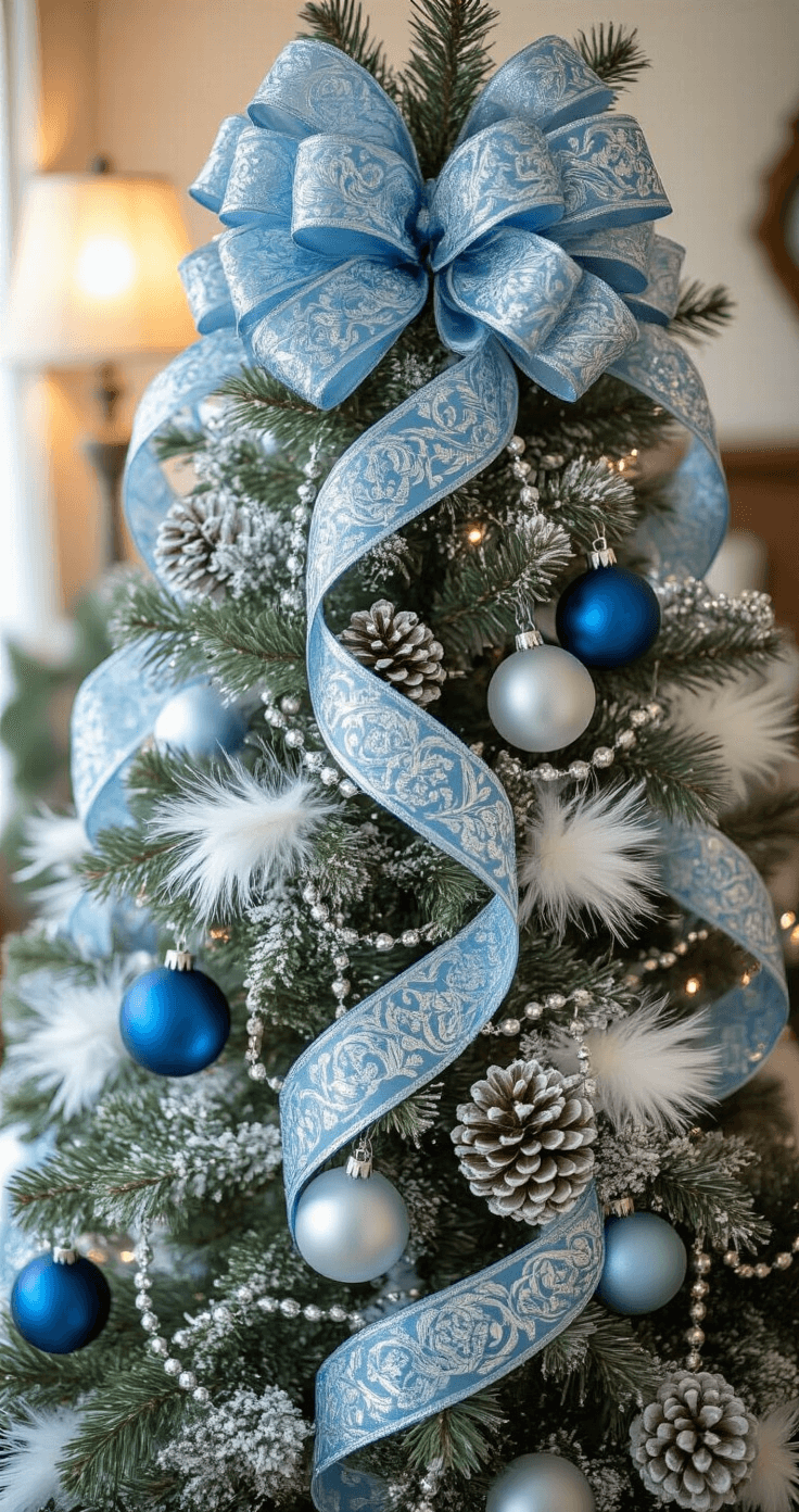 Mid-section of a Christmas tree adorned with a wide satin blue ribbon featuring an intricate silver pattern, accented by white feather sprays, frosted pine cone clusters, and blue ornaments. A silver beaded garland drapes elegantly, all captured in soft, diffused light with a shallow depth of field emphasizing the central ribbon loop.
