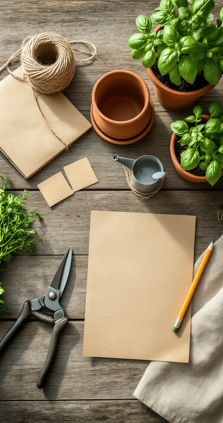 A flat lay of a herb gardening setup featuring pruning shears, twine, terracotta pots filled with fresh-cut herbs, a gardening journal, pencil, kraft paper seed packets, vintage plant markers, and a small watering can on a weathered wooden table, illuminated by morning light with a natural linen backdrop.