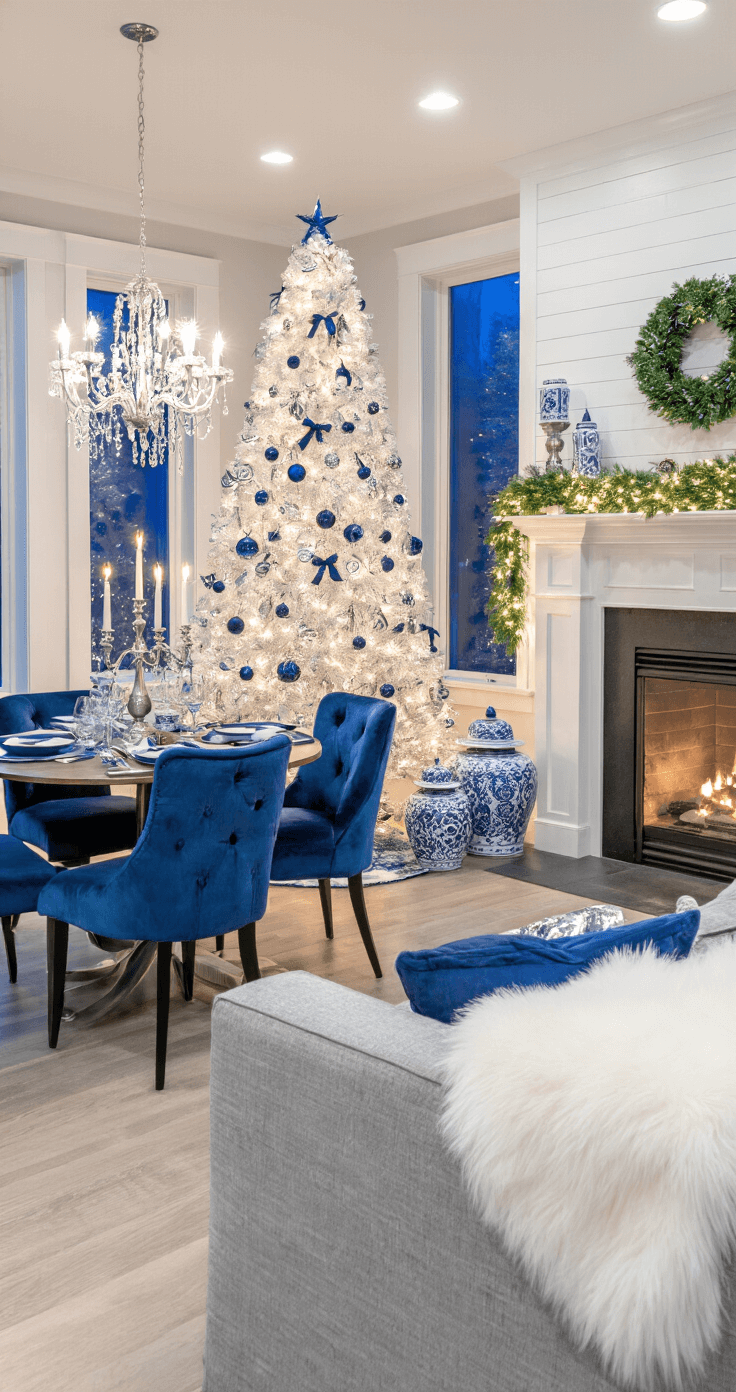 Open-concept living and dining area decorated for the evening with warm and cool lighting, featuring a white flocked Christmas tree adorned in blue and silver. The space includes blue velvet dining chairs, silver candelabras, gray sofa with white fur throws, and blue and white ginger jars by the fireplace, all captured from a slightly elevated wide-angle perspective.