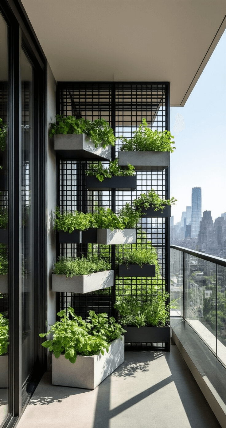 A contemporary corner balcony featuring a sleek black metal grid system supporting floating herb planters, geometric concrete containers in a grayscale palette forming a modern vertical garden, and floor-to-ceiling windows reflecting the urban skyline, all showcased at a 45-degree angle with strong directional light creating dramatic shadows.