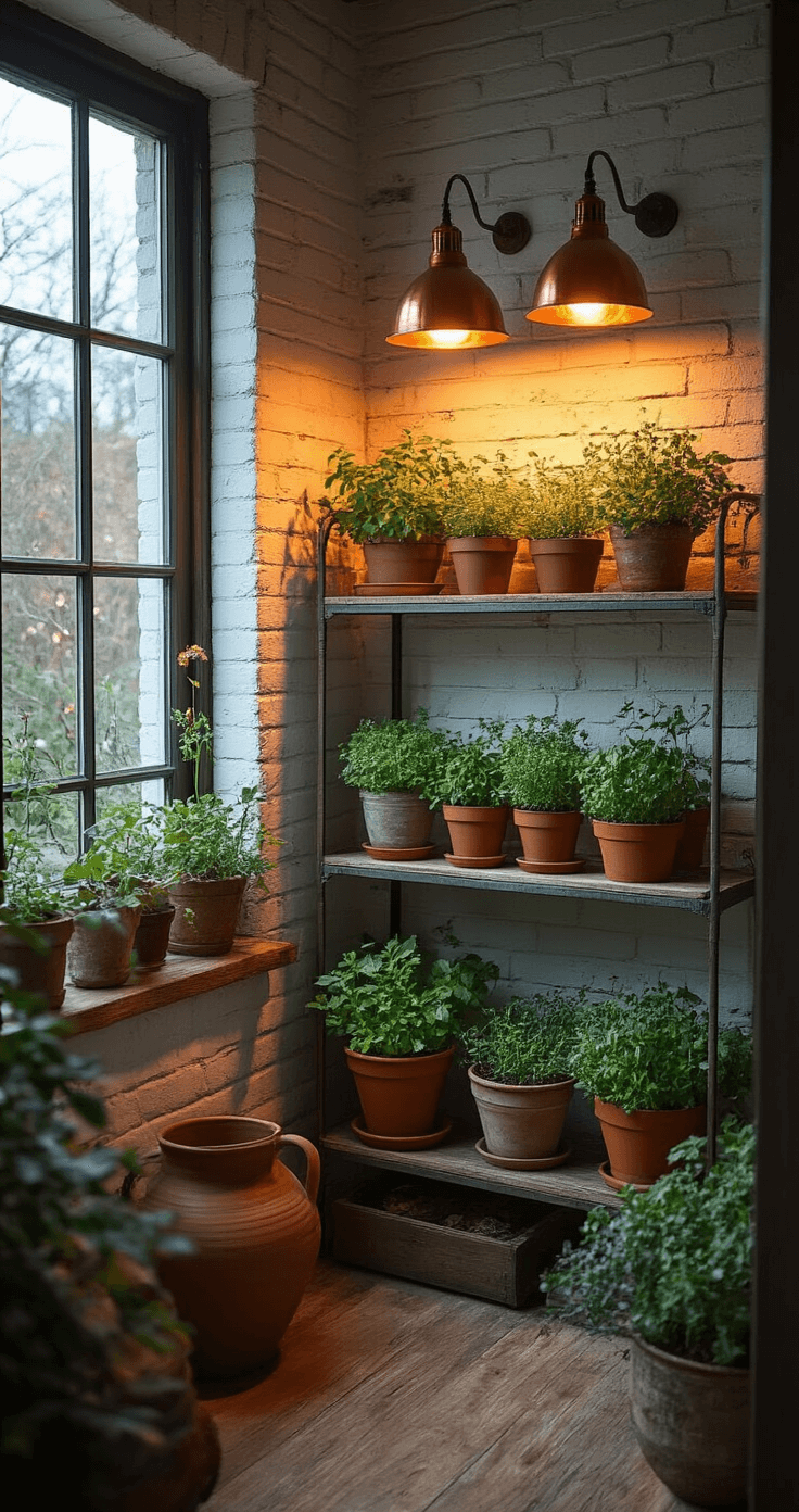 Cozy indoor-outdoor herb garden nook with vintage metal shelving displaying potted herbs against whitewashed brick, warm copper grow lights illuminating hand-thrown pottery and botanical prints, captured at evening with frost-touched windows and a low angle emphasizing height.