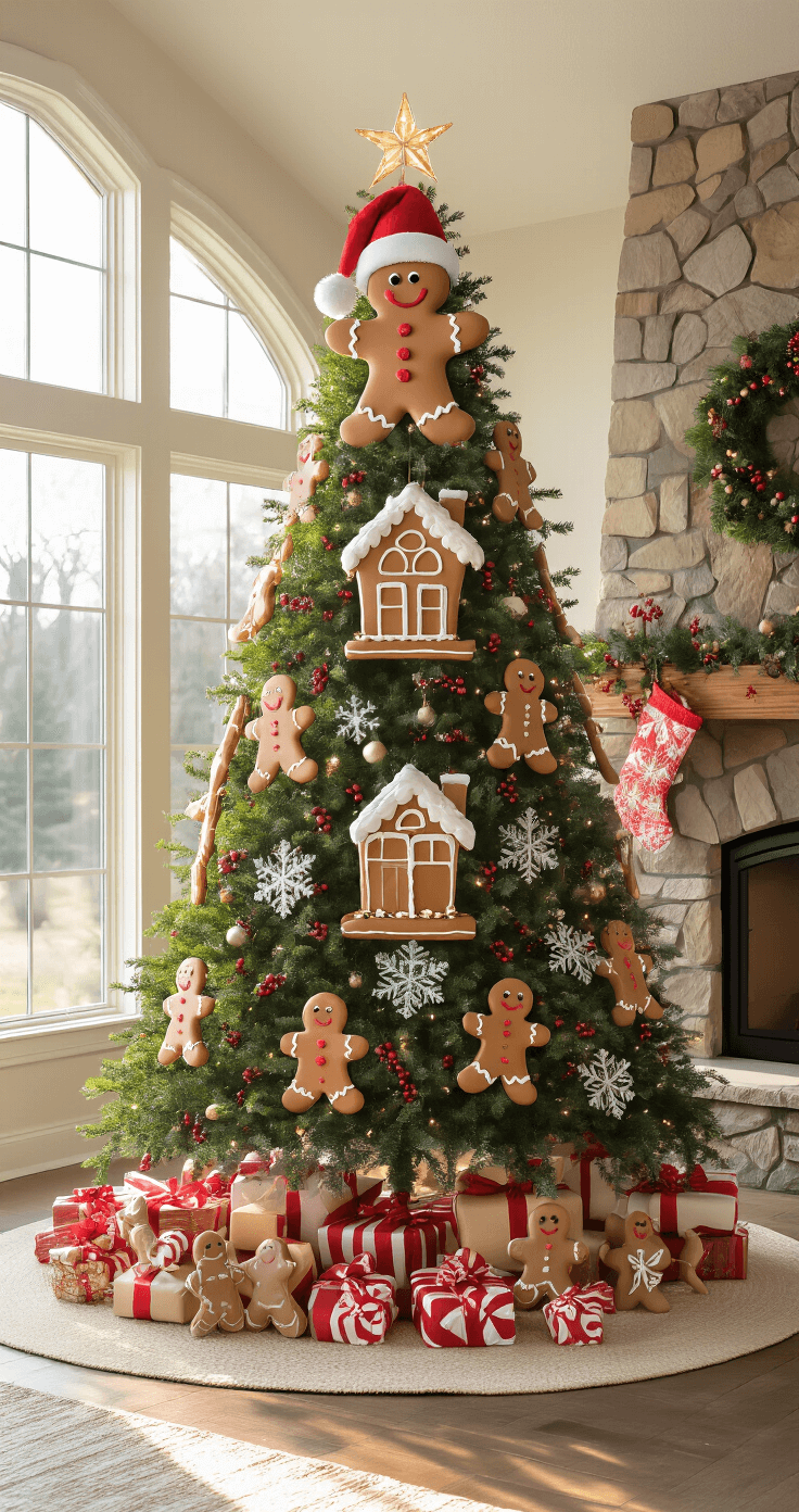 A spacious family room featuring a whimsical gingerbread-themed Christmas tree, with a stone fireplace and cozy seating. Warm afternoon light enhances the festive decorations, including oversized gingerbread house ornaments, glittering snowflakes, and presents wrapped in kraft paper.